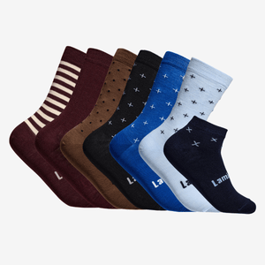 pack of 7 pairs of men's merino socks in various designs and colours