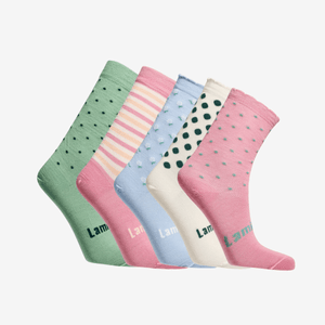 pack of 5 pairs of kids merino socks in various designs and colours