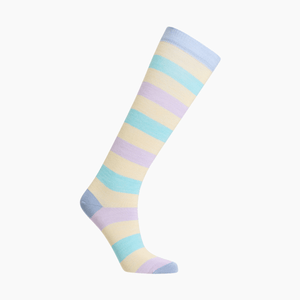 Merino Wool Knee High Socks for Child in pastel stripes of blue, yellow, green and purple, offering warmth and comfort.