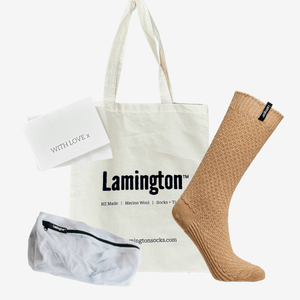 womens textured merino lounge socks in oatmeal with tote and laundry bag
