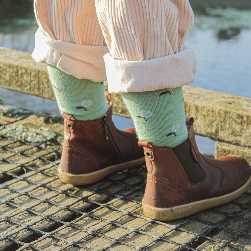 Lamington children's merino crew socks in sage green with natural floral pattern made in New Zealand.