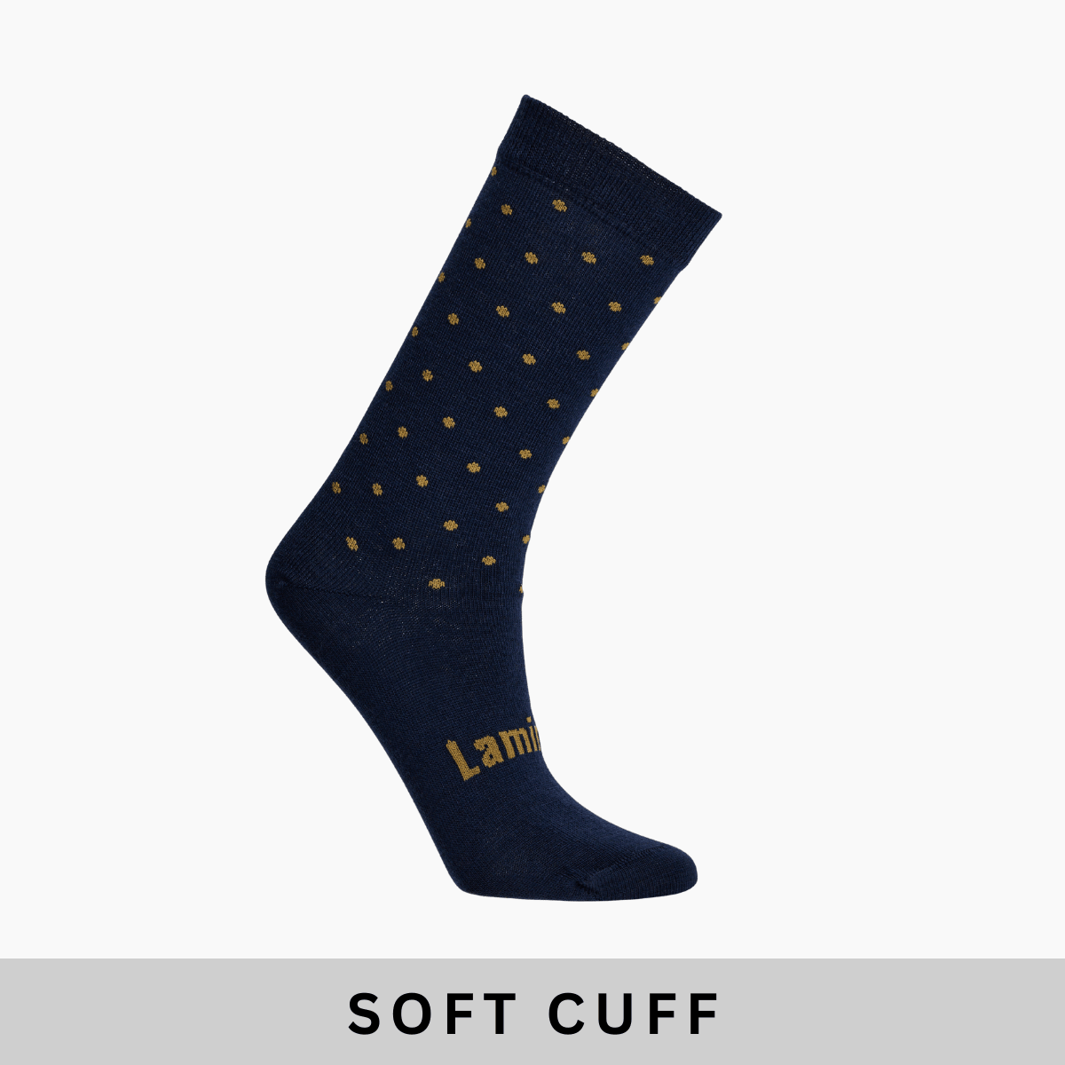 Merino Wool Soft Cuff Crew Socks for Women in navy with yellow dots and soft cuff feature.