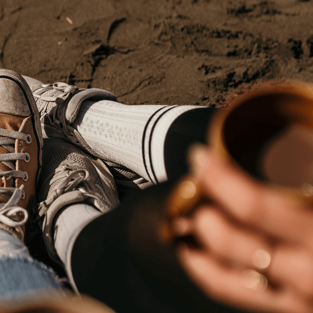 Merino Wool Crew Socks for Women - Audrey, featuring a soft opal color, lace texture, and stylish black stripes.