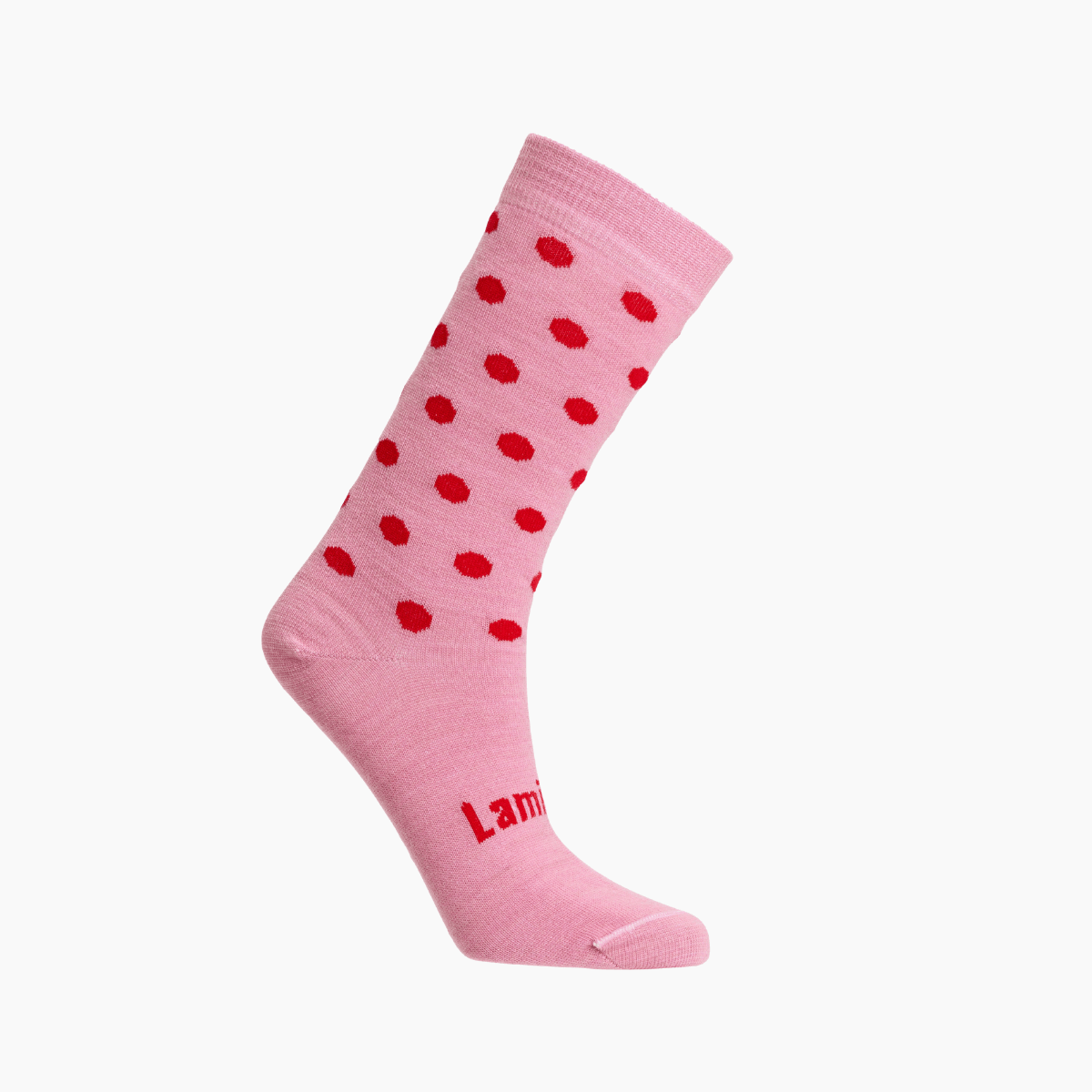 Merino Wool Crew Socks for Child in Cherry color with red spots on a vintage pink base