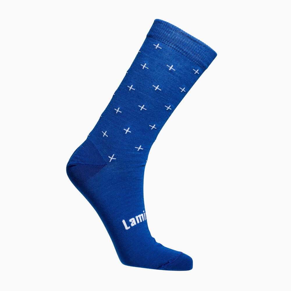 Blue sock with white cross pattern