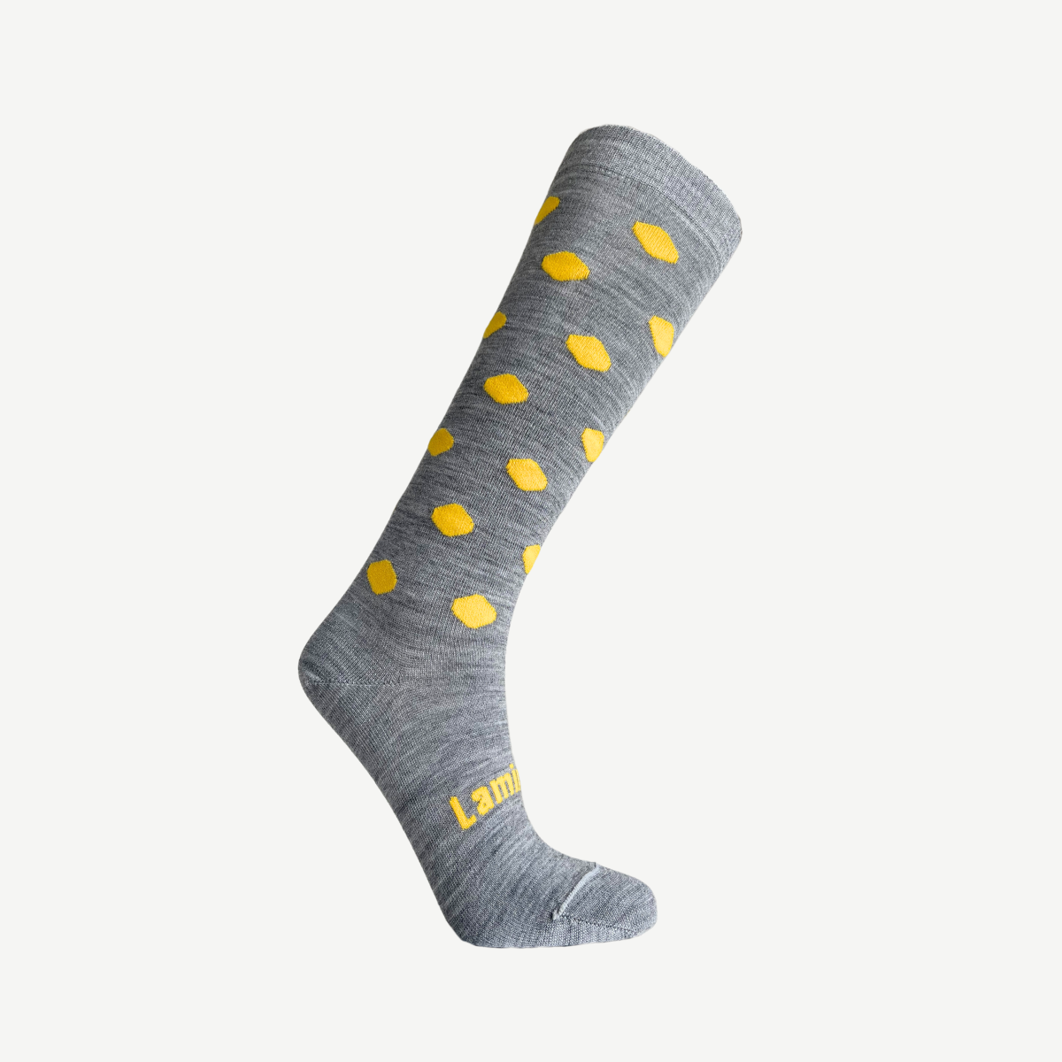 lamington merino wool socks for women in knee-high length grey with yellow spots nz