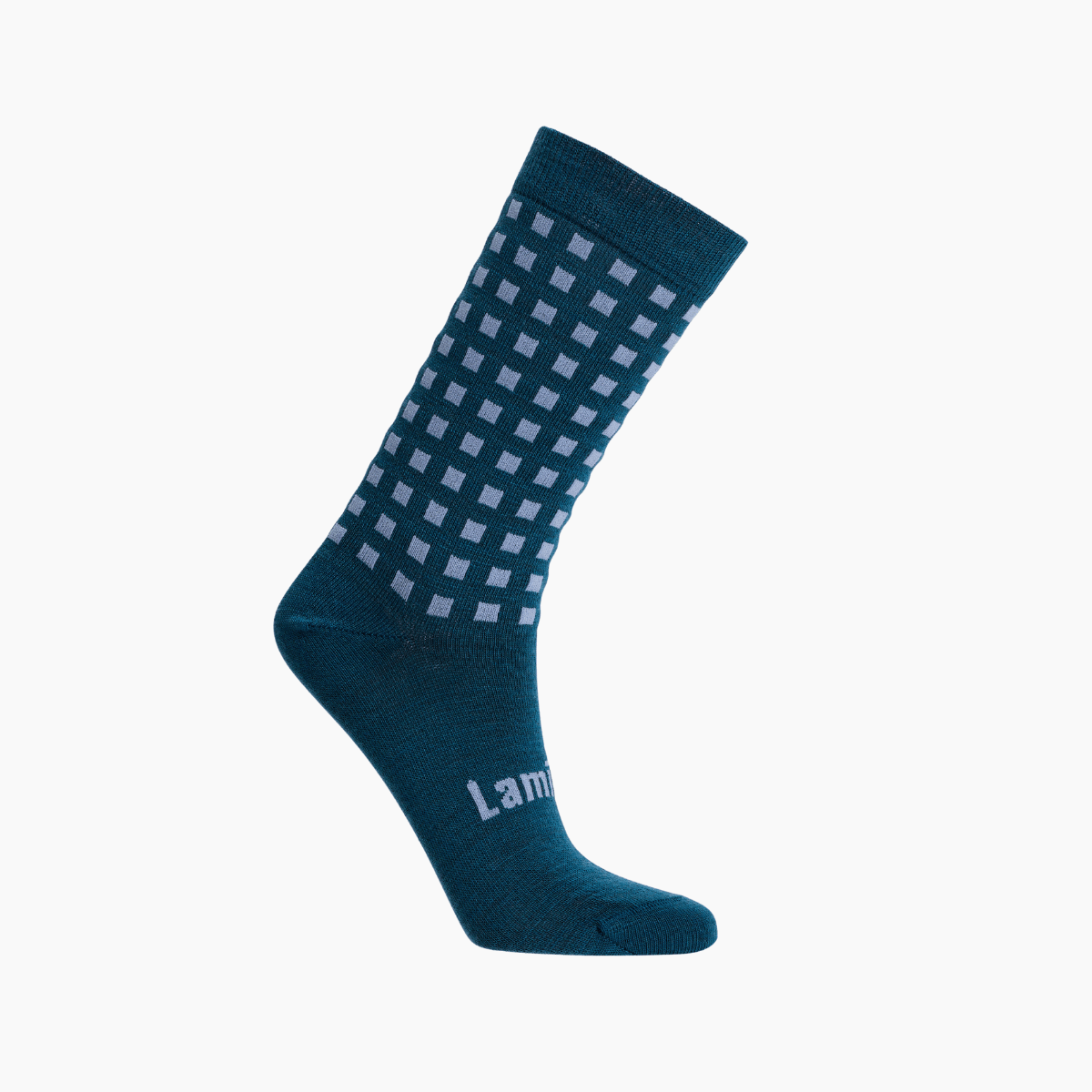 Merino Wool Crew Socks for children in deep teal with light blue grid pattern.