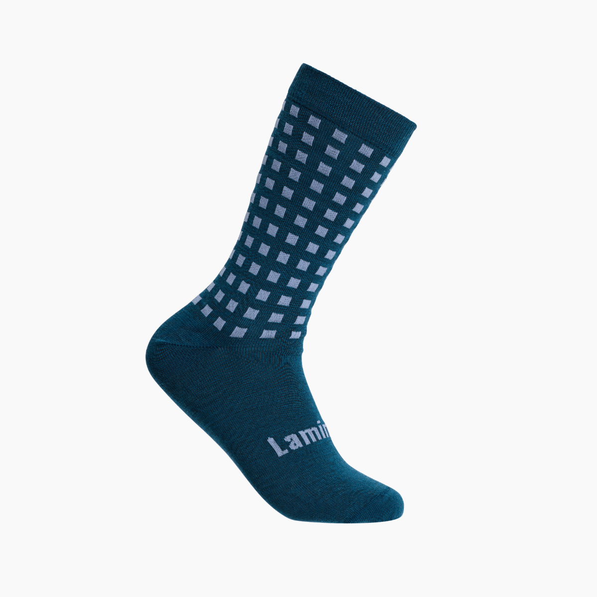 Merino Wool Crew Socks in deep teal with blue grid pattern for men by Hayes