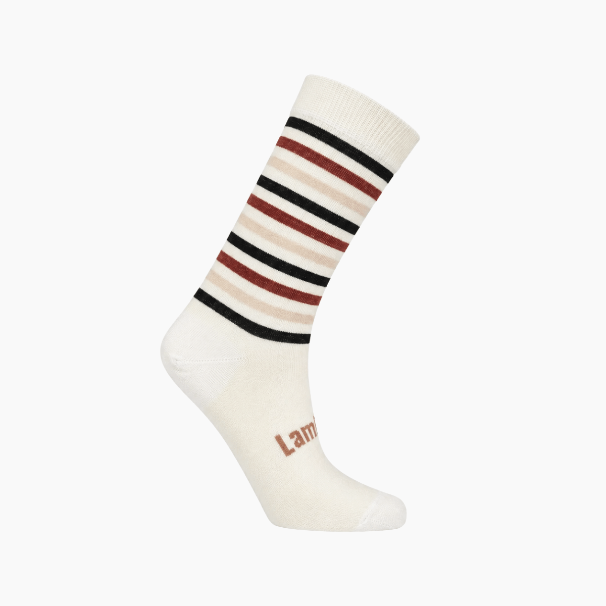 Merino Wool Crew Socks for Women in creamy base with burgundy, black, and warm latte stripes.