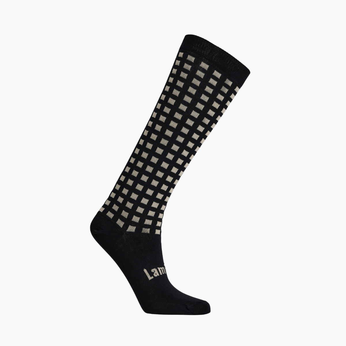 Merino Wool Knee High Socks for child featuring a latte grid design on a black base, ideal for comfort and warmth.