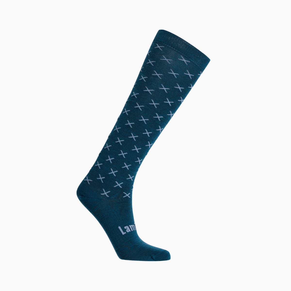 Merino Wool Knee High Socks for Woman in deep blue with baby blue cross pattern.