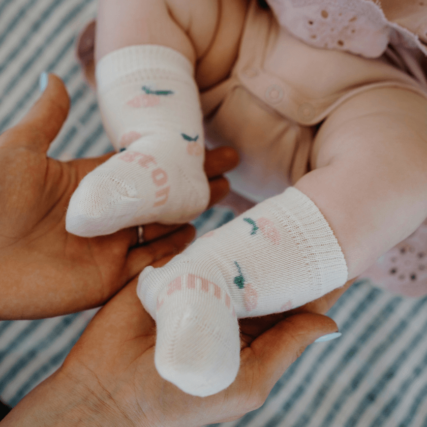 merino wool baby socks cream with pink flowers