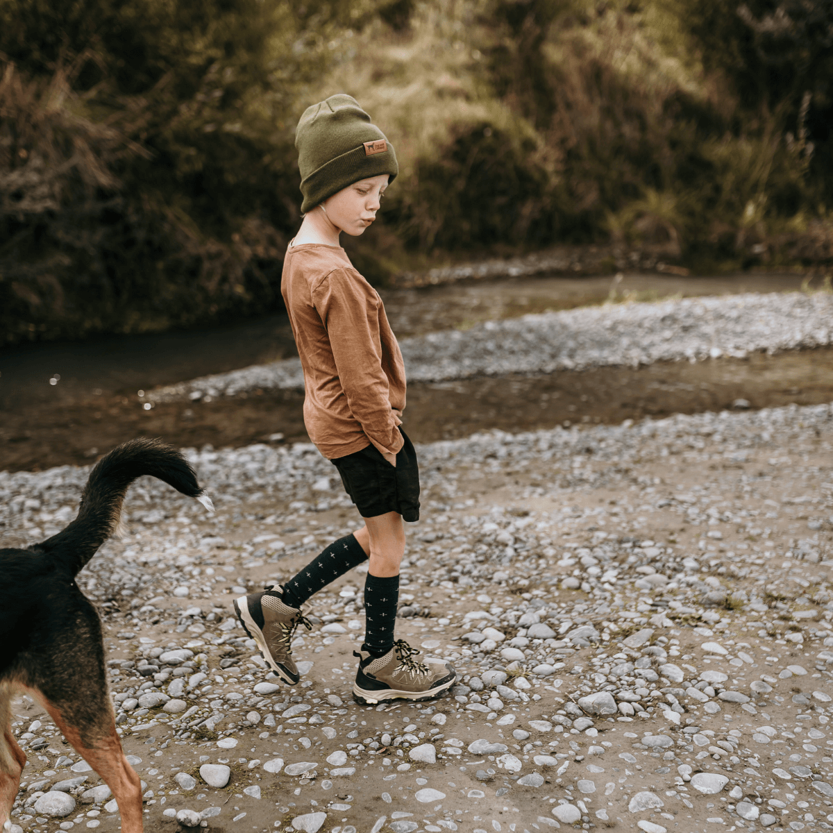 Merino Wool child Knee-high socks dark green with light green crosses by Lamington NZ