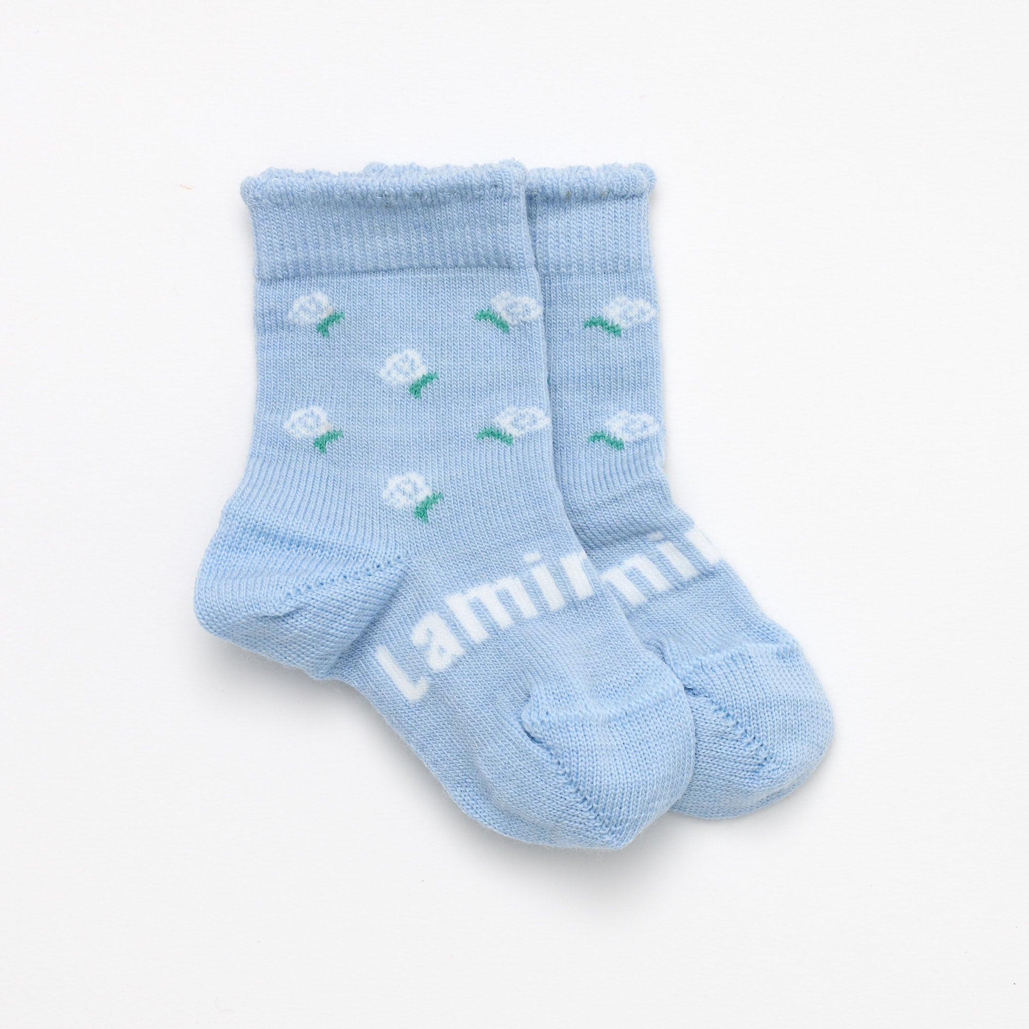 Light Blue with white flowers merino wool baby crew socks by Lamington NZ