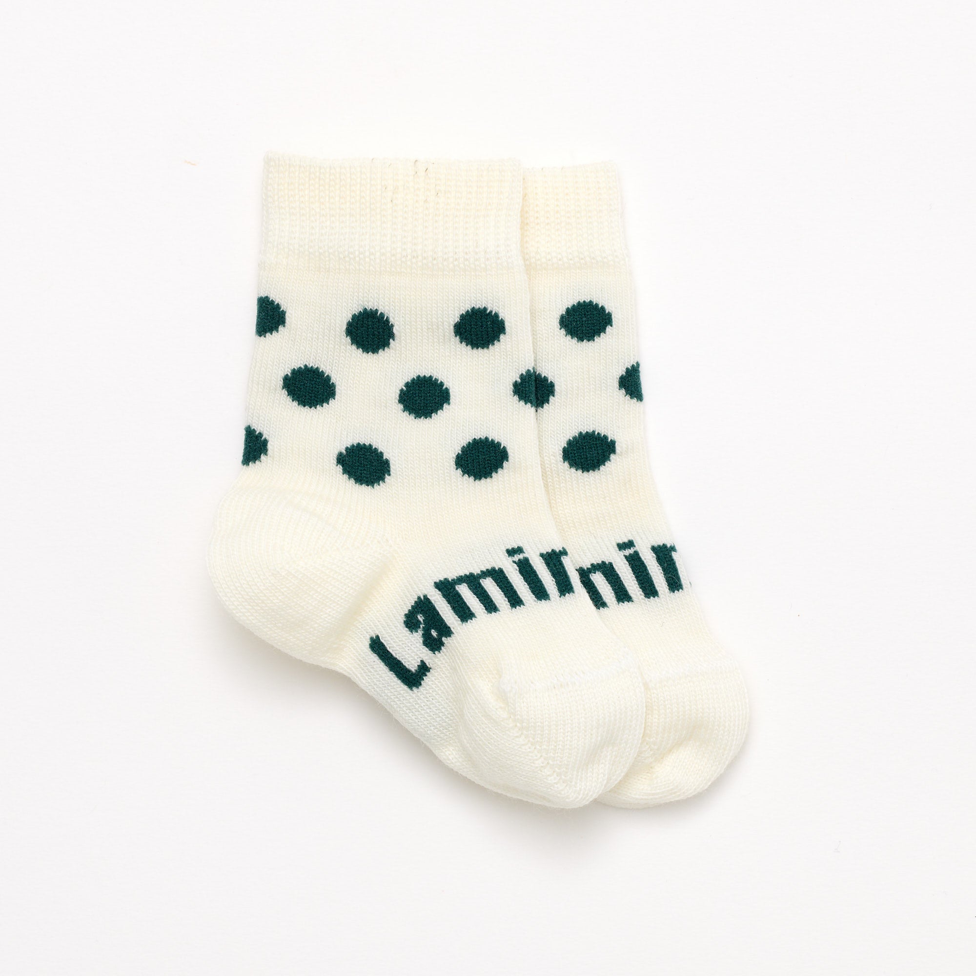 Cream with dark green spots merino wool baby crew socks by Lamington NZ