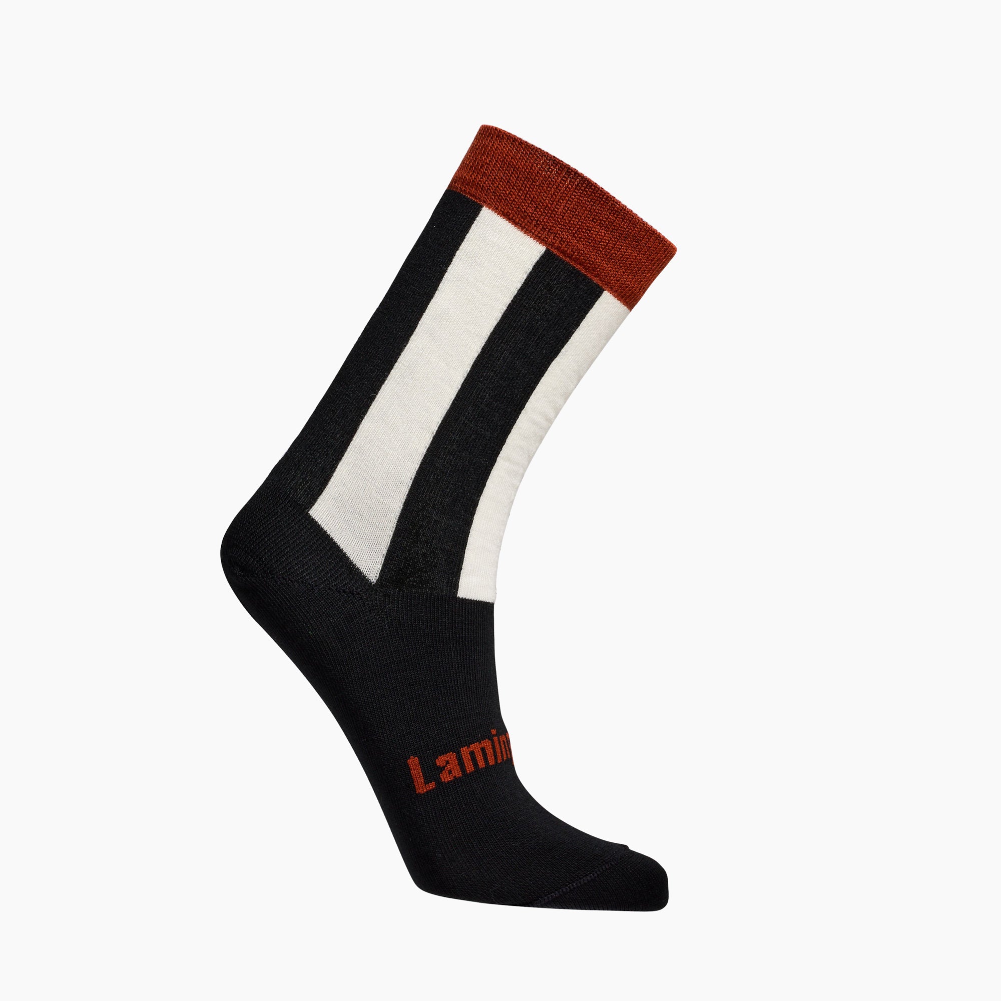 Womens merino wool crew socks  Black and cream stripe with rust cuff by Lamington NZ