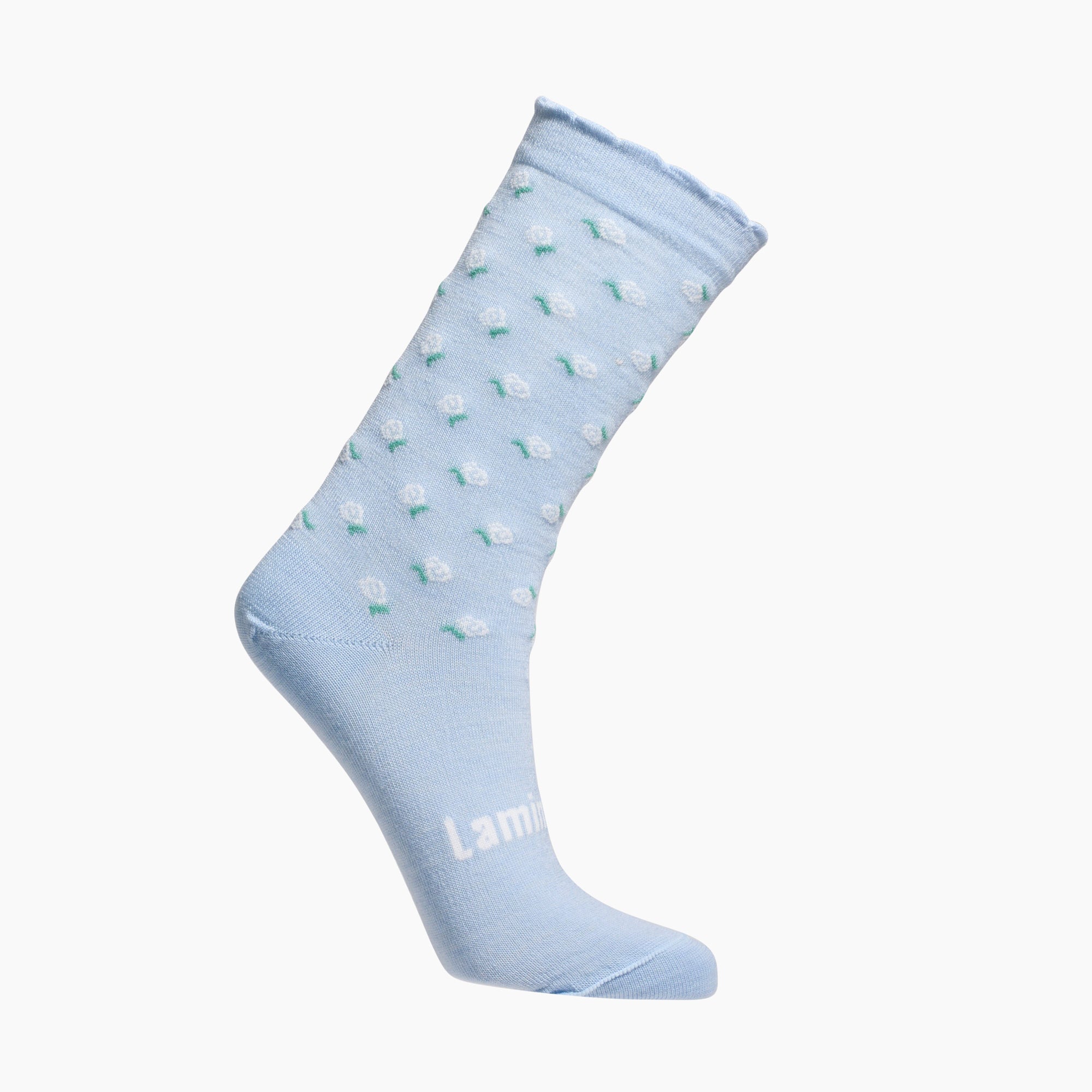 Womens merino wool crew socks light blue with white flowers by Lamington NZ