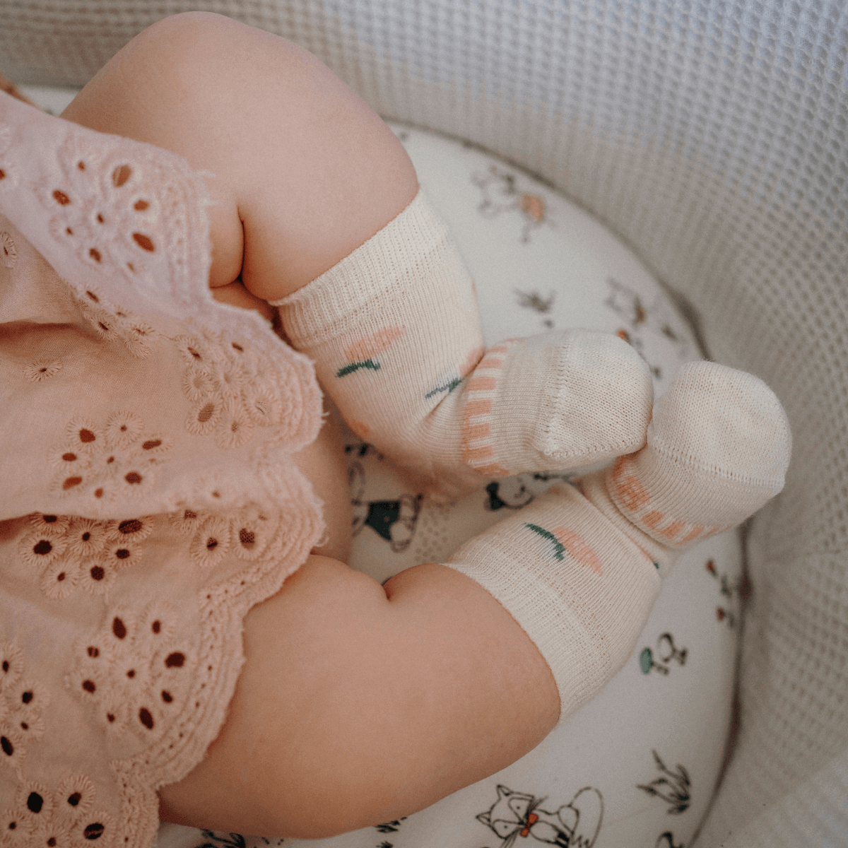 Merino Wool Crew Socks for Baby in Rosa with floral designs, part of the Newborn Natural Collection