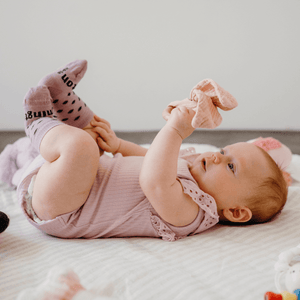 merino wool crew socks for babies in lilac with dark green spots nz