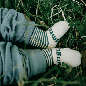 merino wool baby crew socks in oatmeal with dark green stripes nz