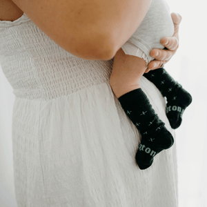 merino wool knee-high socks for babies dark green with light green crosses nz
