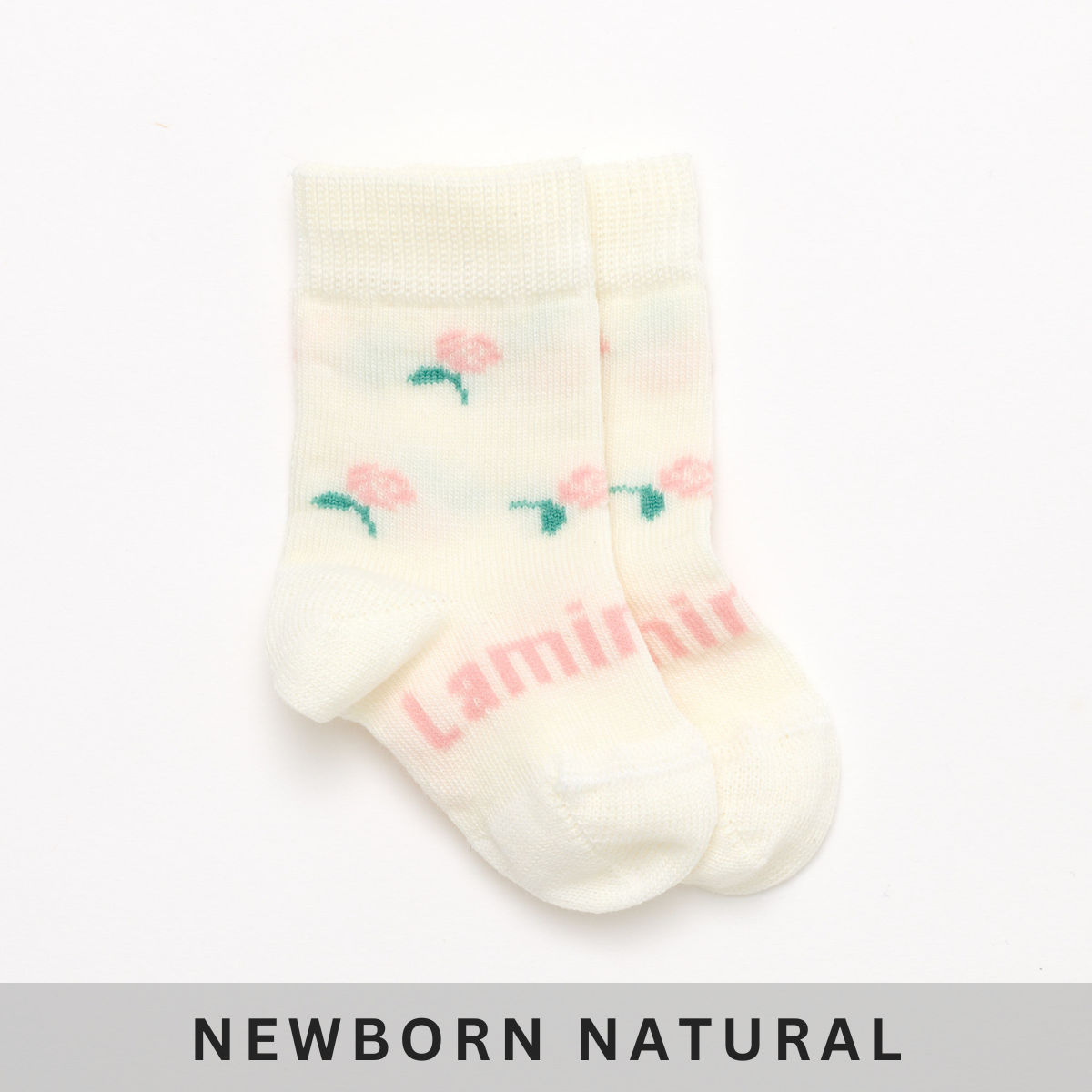 Merino Wool Baby crew socks cream with pink flowers by Lamington NZ