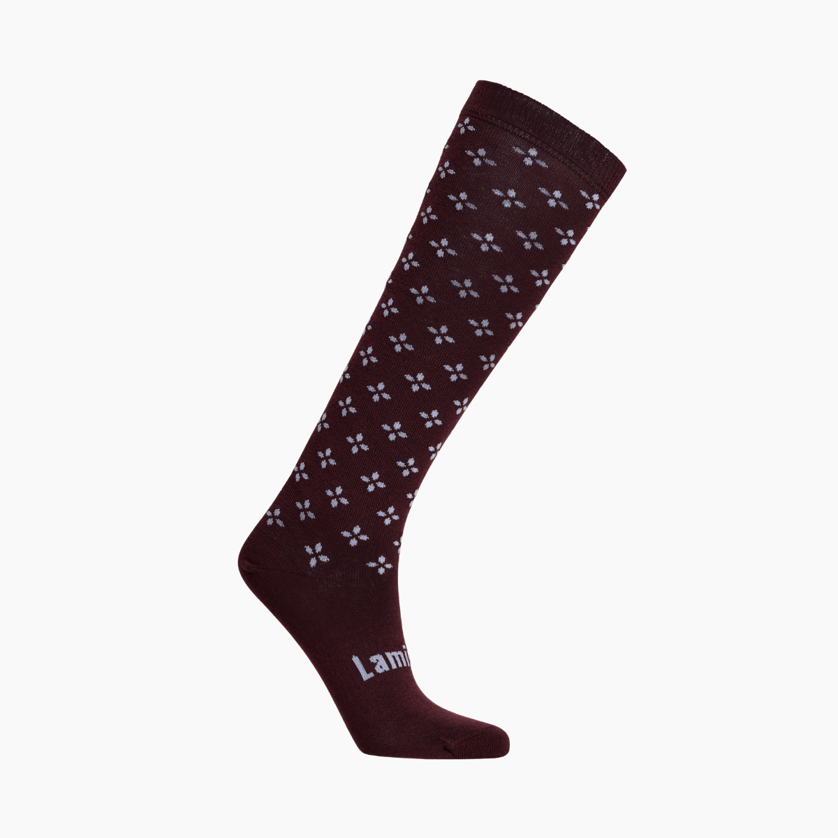 Merino Wool Knee High Socks in deep fig with lilac cross pattern, a stylish accessory for cooler months.