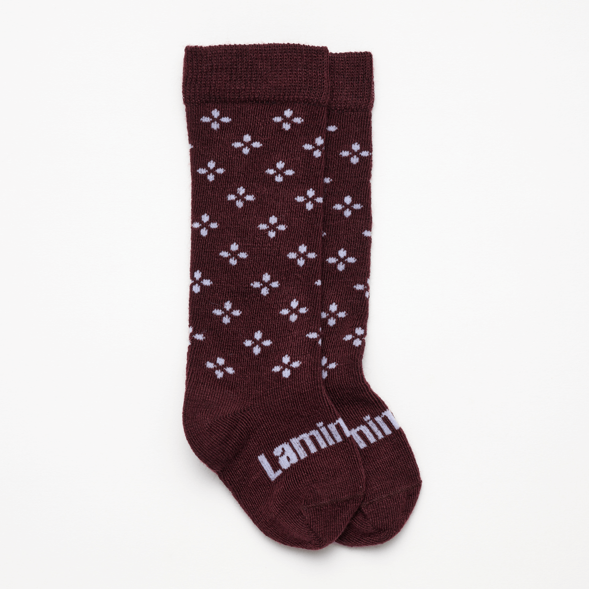 Merino Wool Knee High Socks in rich fig with lilac tear drop cross pattern for baby from Ritz.