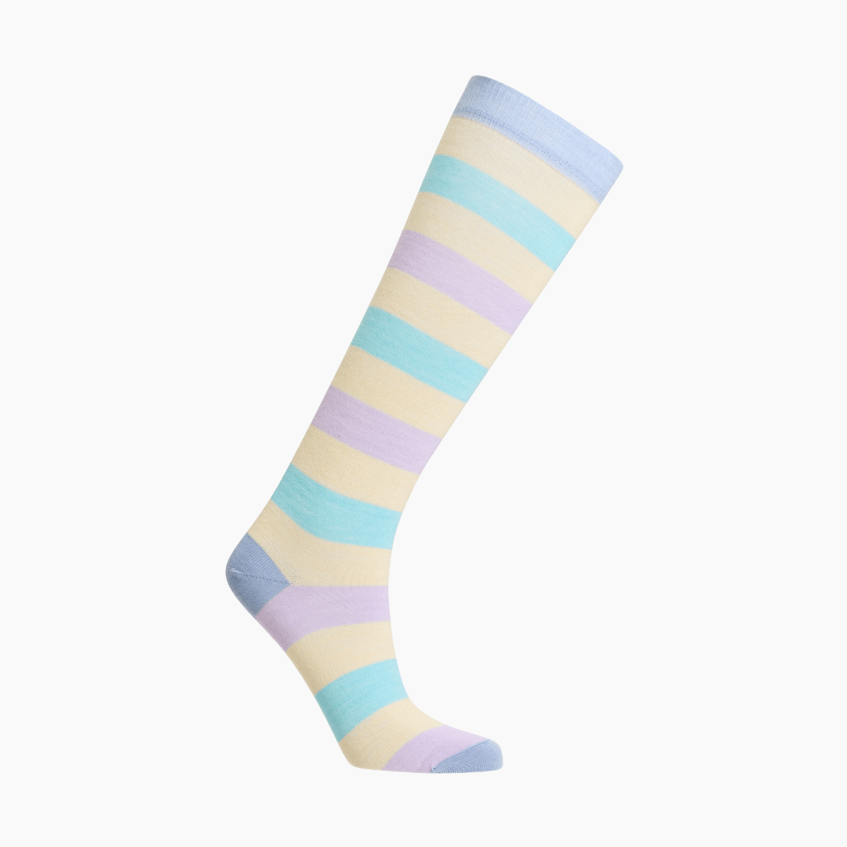 Merino Wool Knee High Socks for Child in pastel stripes of blue, yellow, green and purple, offering warmth and comfort.