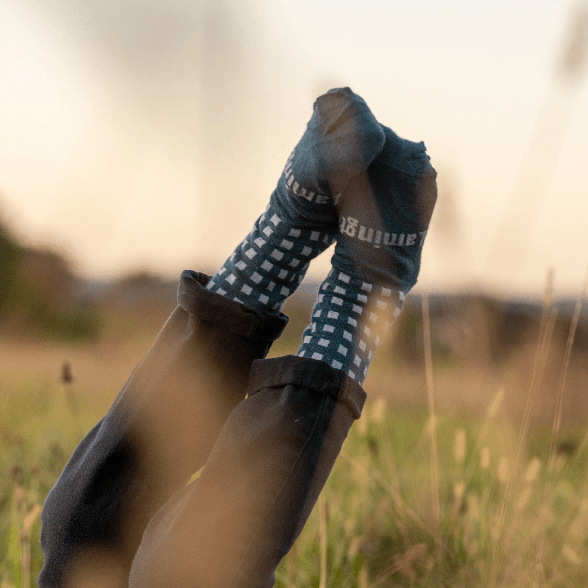 Merino Wool Crew Socks for children in deep teal with light blue grid pattern.