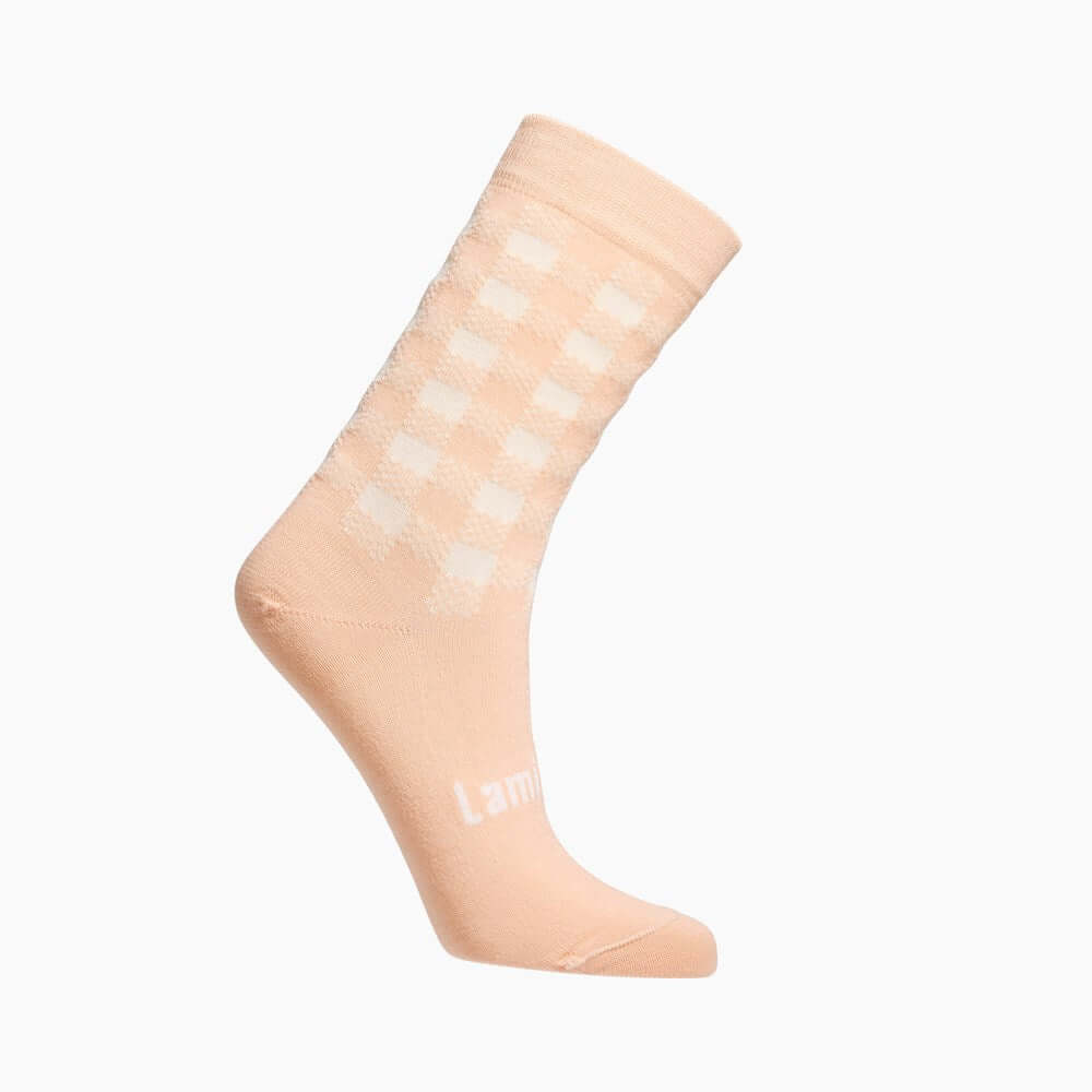 Womens merino wool socks in peach with natural gingham pattern