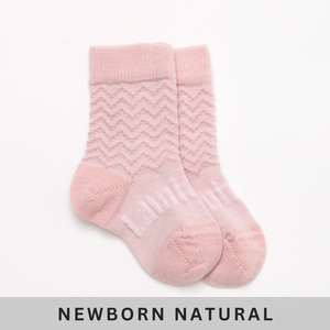 Pink baby merino wool crew socks with knitted zig zag pattern NZ