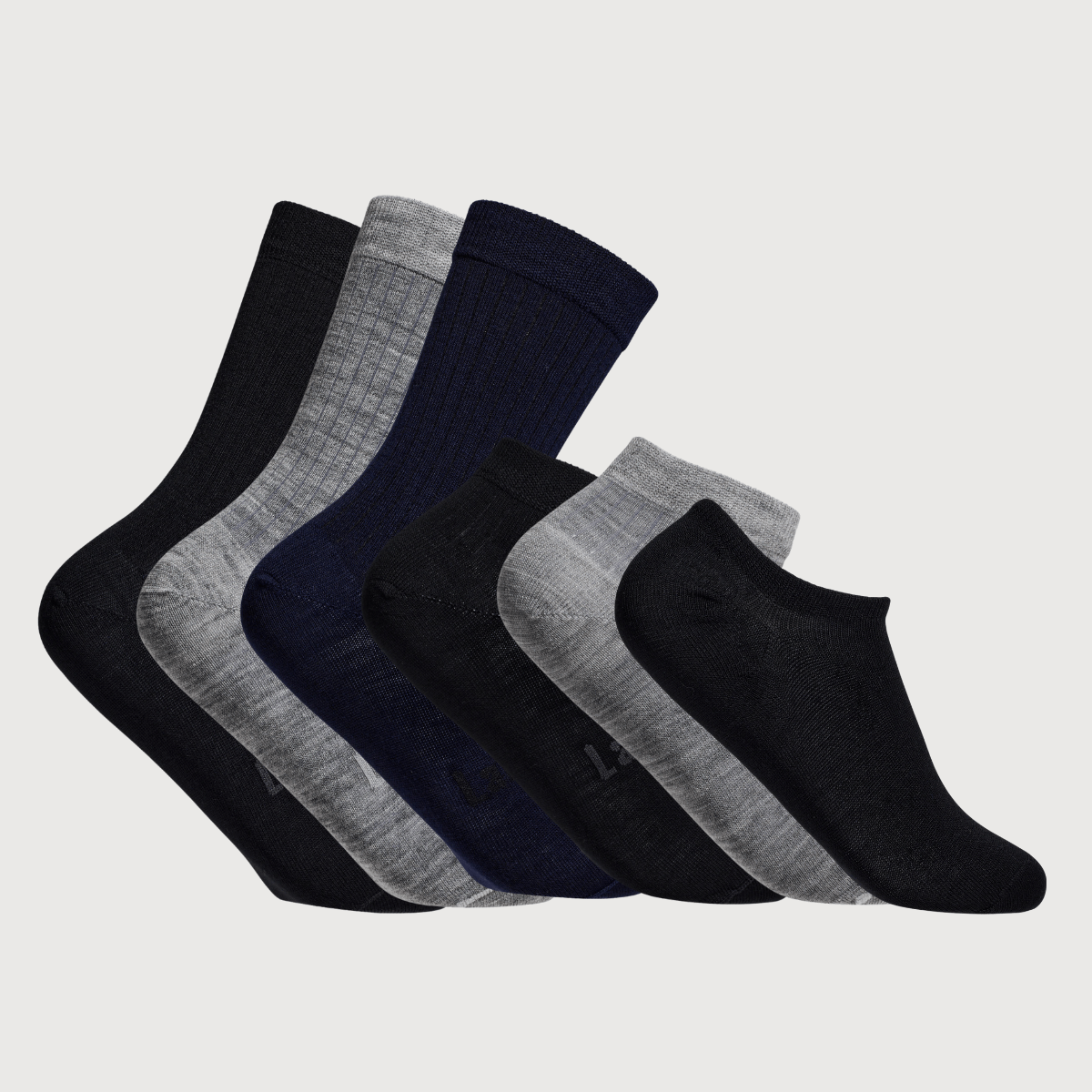 pack of 7 pairs of men's merino socks in various designs and colours