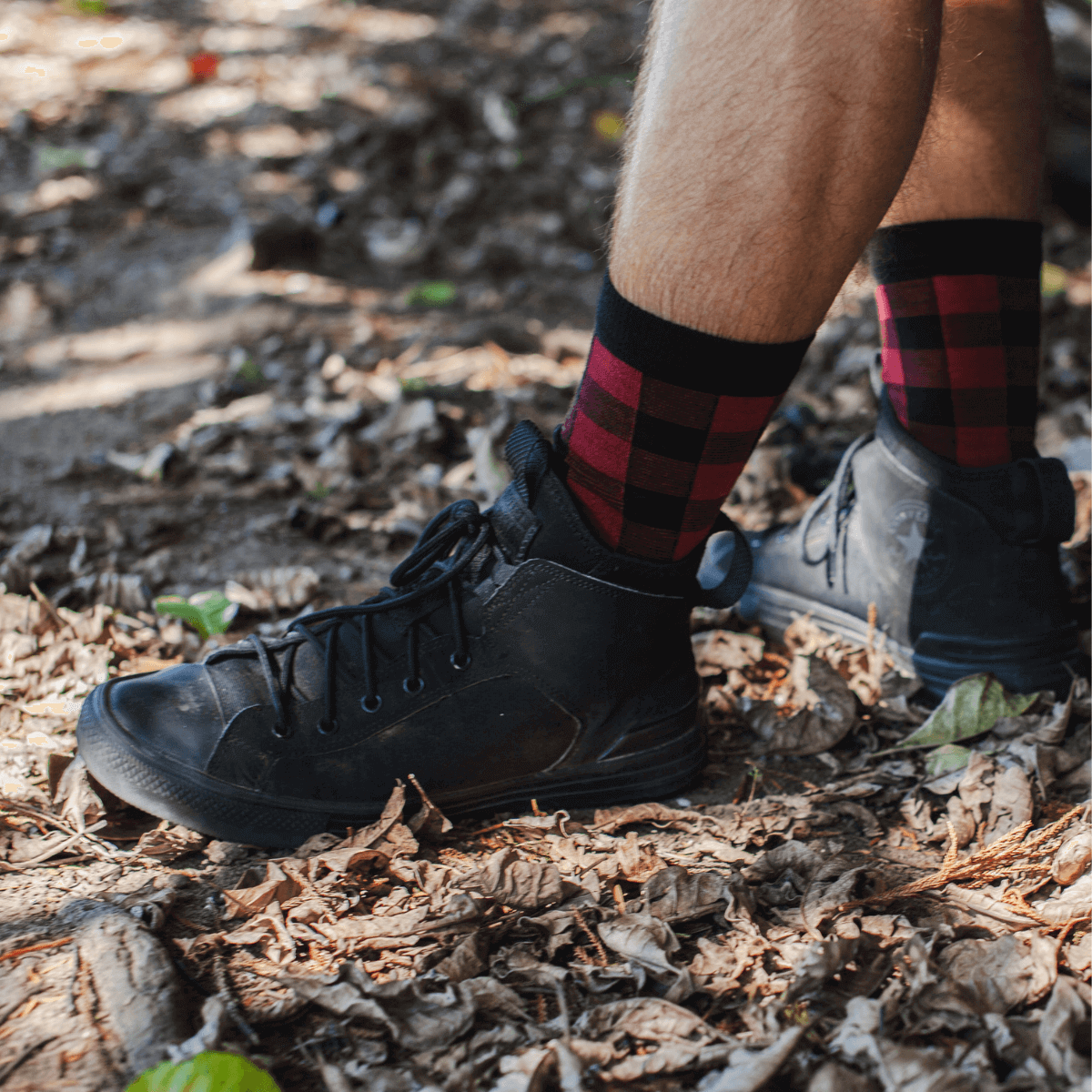 black and red check patterned merino wool socks
