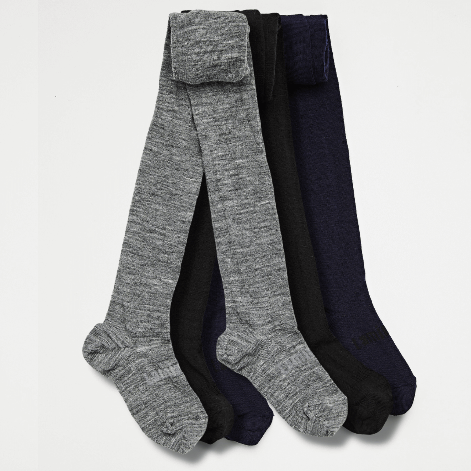 Merino Wool Flat Knit Essential Tights in packs, featuring Black, Grey, and Navy colors for children.