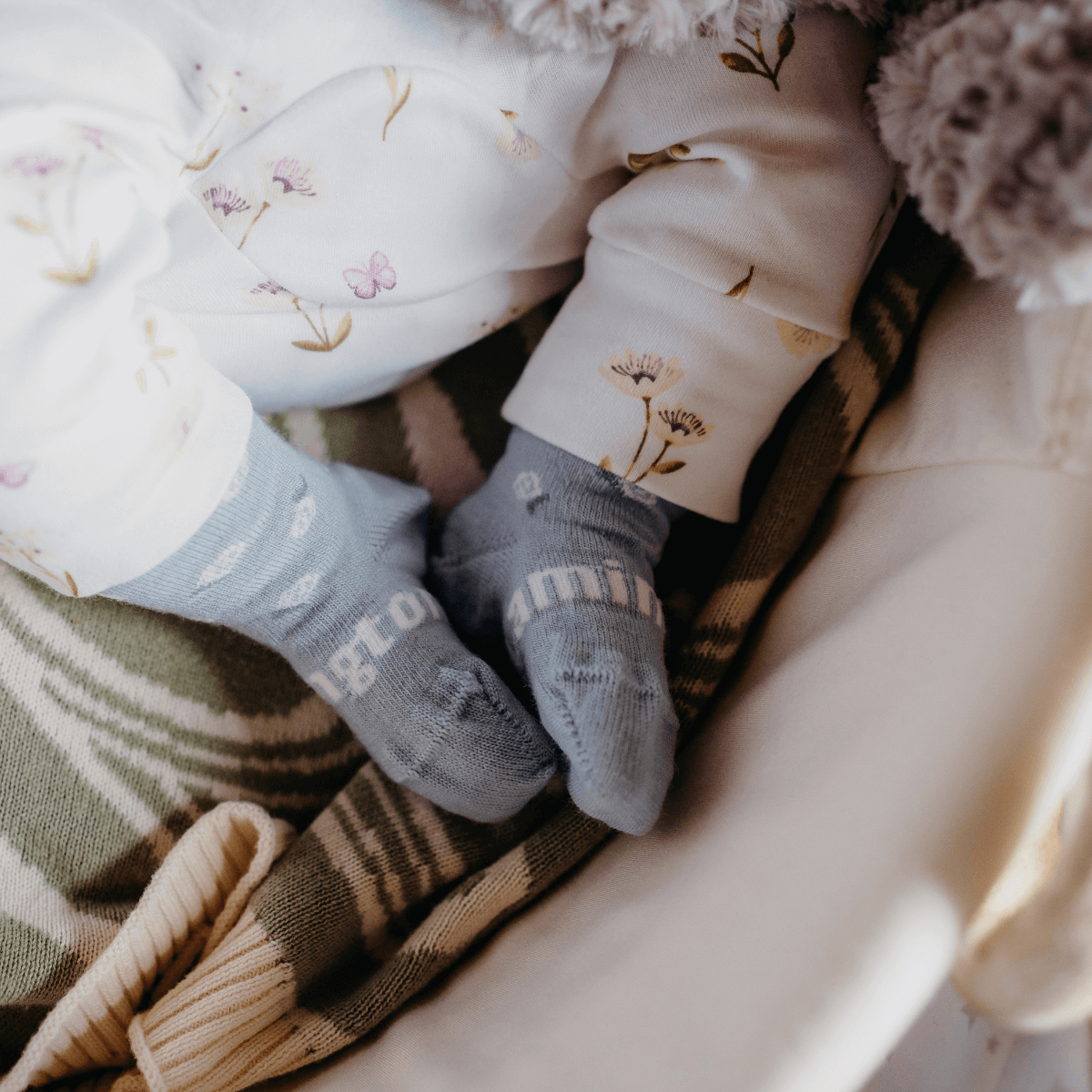 Light Blue with white flowers merino wool baby crew socks by Lamington NZ