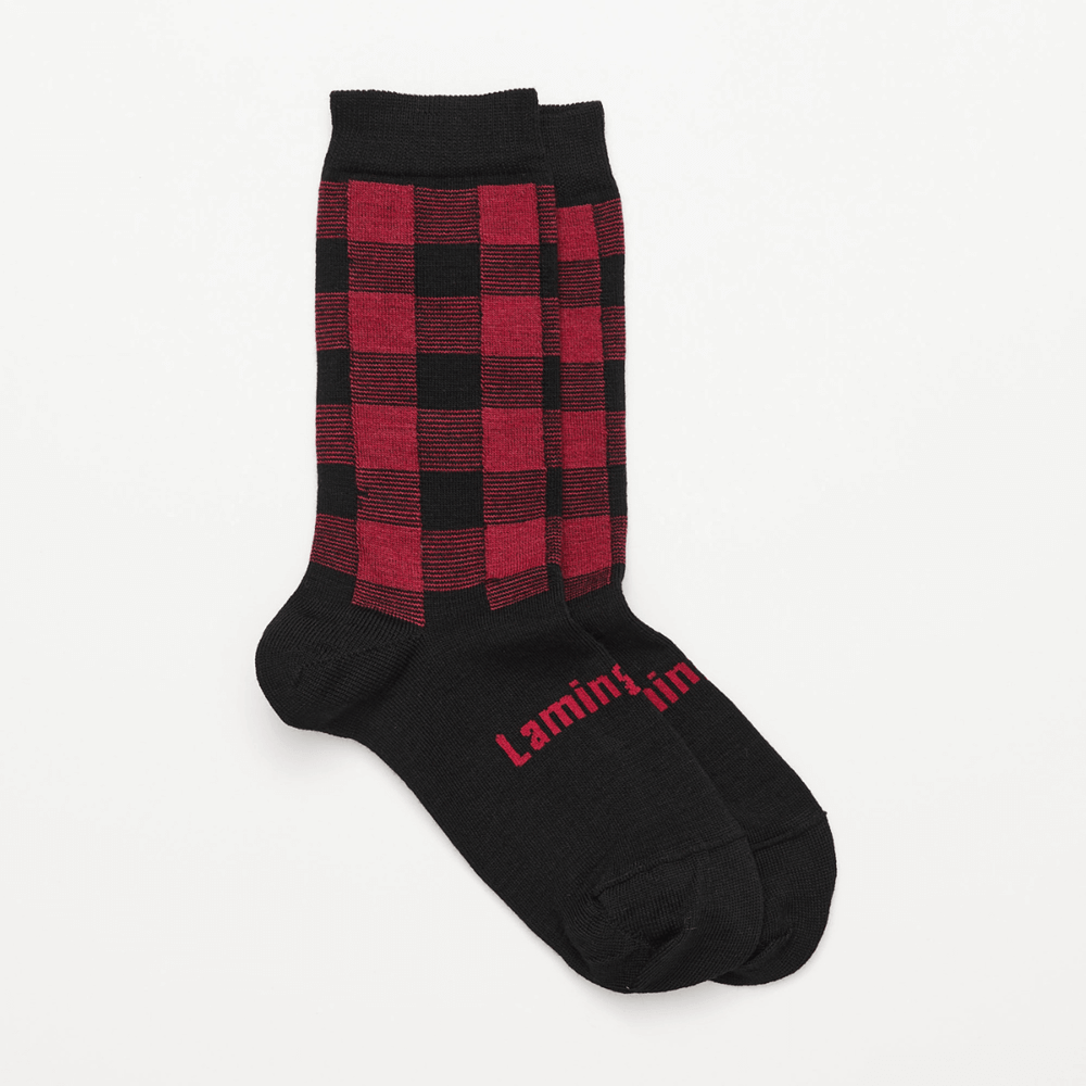 black and red check patterned merino wool socks