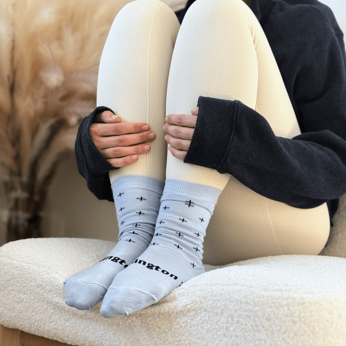 blue merino wool crew socks for women child blue with dark blue crosses nz