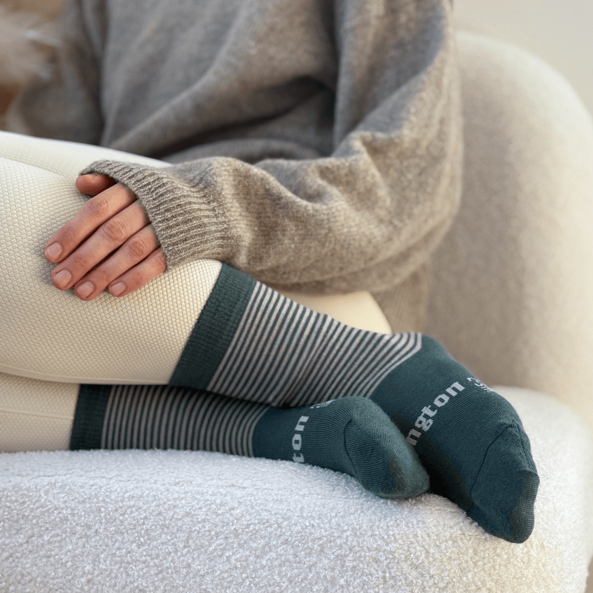 Womens merino wool crew socks Green and Latte stripes by Lamington NZ