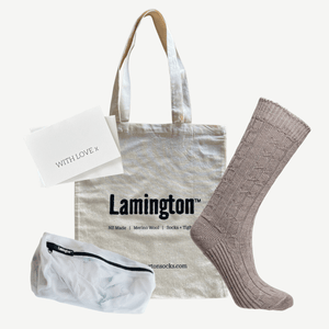 gift bundle with tote bag, laundry bag, card and thick knit merino wool socks women nz