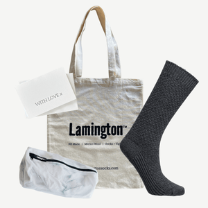 gift bundle with tote bag, laundry bag, card and thick knit merino wool socks women nz