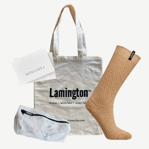 gift bundle with tote bag, laundry bag, card and thick knit merino wool socks women nz