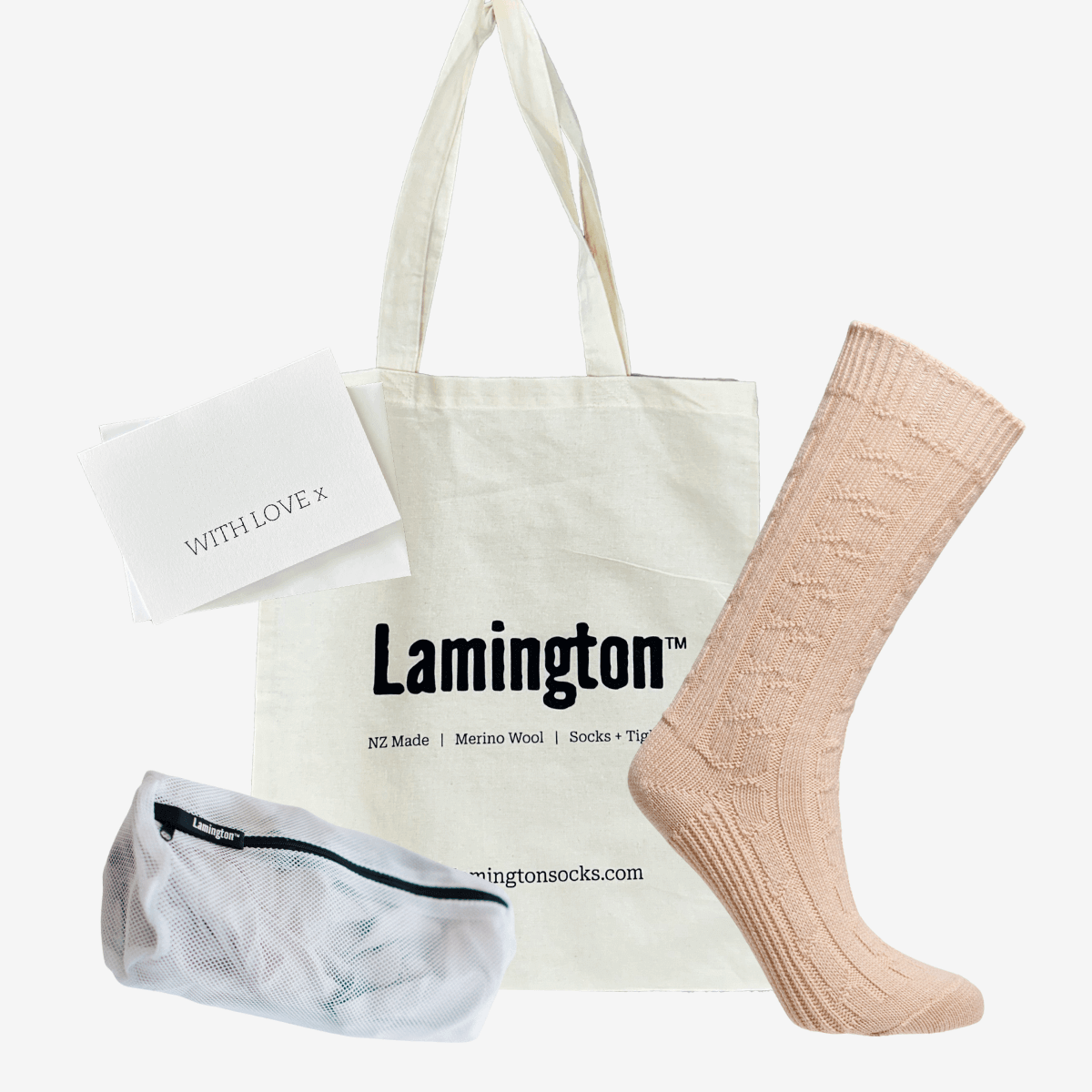 womens textured merino lounge socks in oatmeal with tote and laundry bag