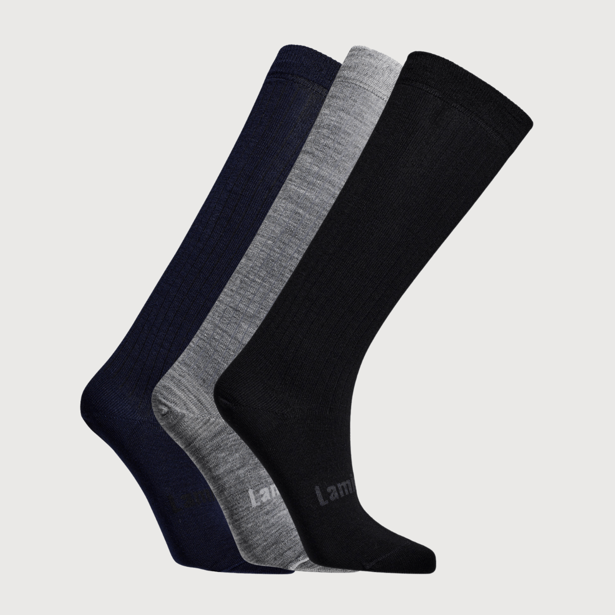 Bundle of 3 pairs of knee-high socks for women. Navy, black and grey 